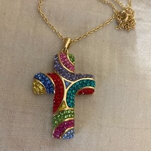 Marked JCM Brass Cross Pendant Necklace with Multi Colored Crystals‎